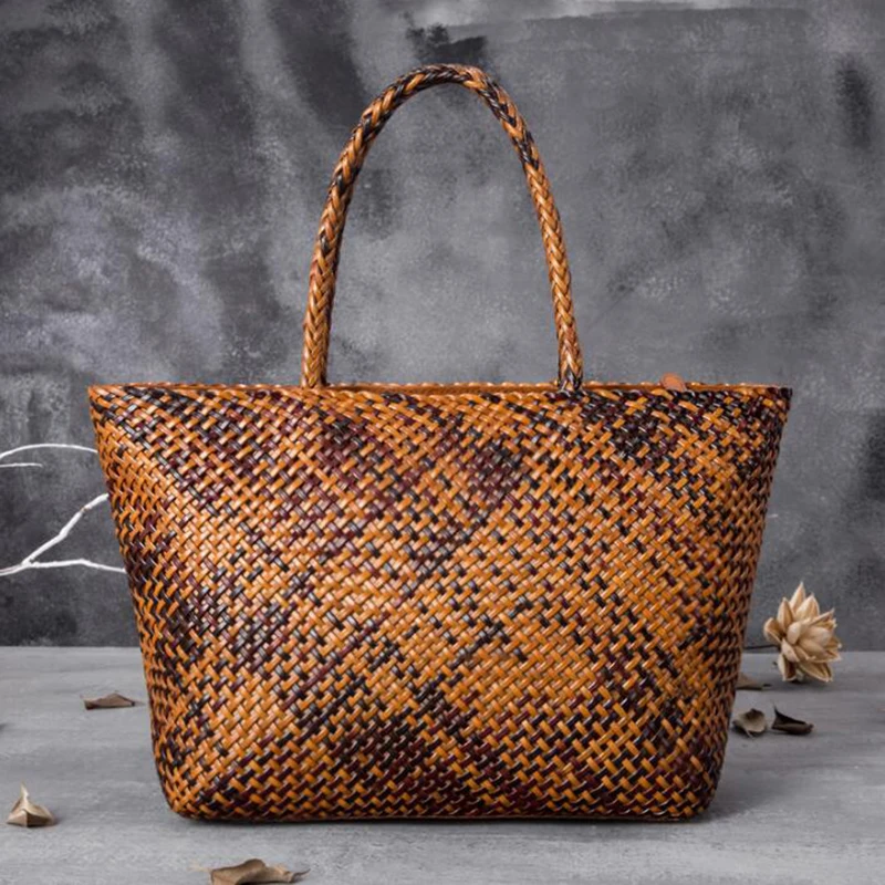 Women Leather Handbag Romantic Big Handmade Woven Totes Female Cowhide Big Holiday Bucket Bag Causal Beach Shoulder Handbags