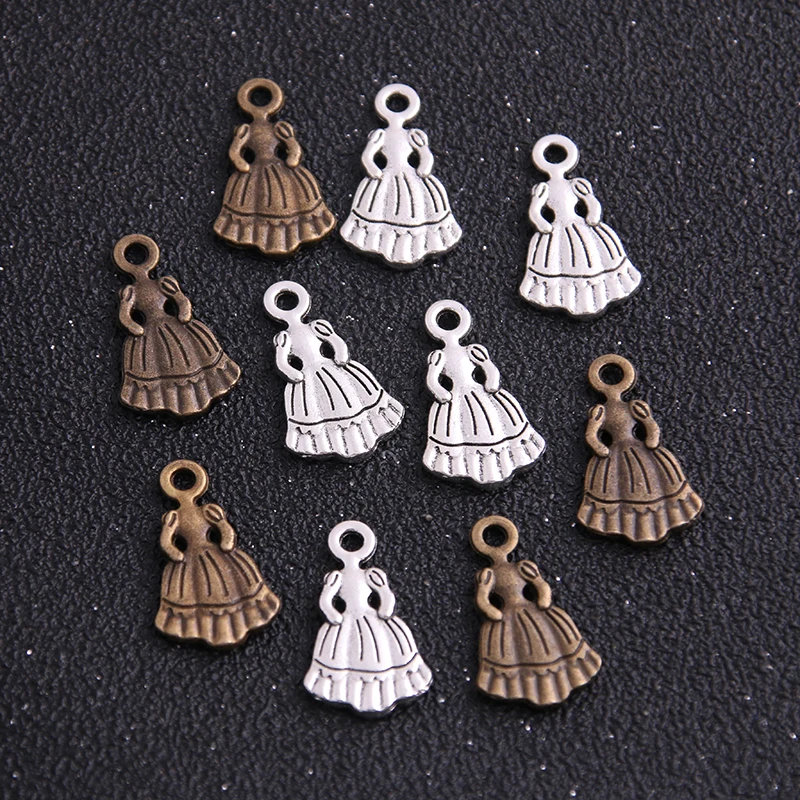 12PCS  New Product Two Color French Restoration  Princess  Dress Charms Pendant Jewelry Metal Alloy Jewelry Marking