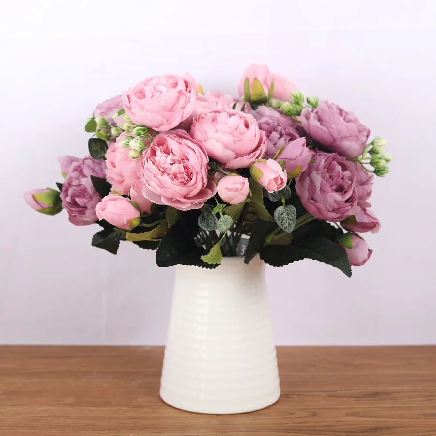 30cm Pink Silk Rose Bouquet Peony Artificial Flowers 5 Big Heads 4 Small Bud Bride Wedding Home Decoration Fake Flowers Faux