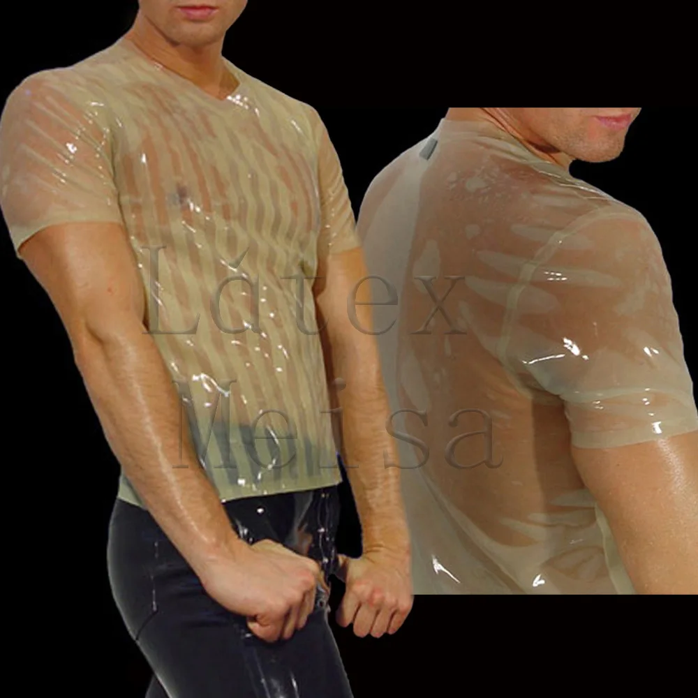 

Cool & slim 100% handmade men's latex t-shirt short sleeve without any stripes in transparent color