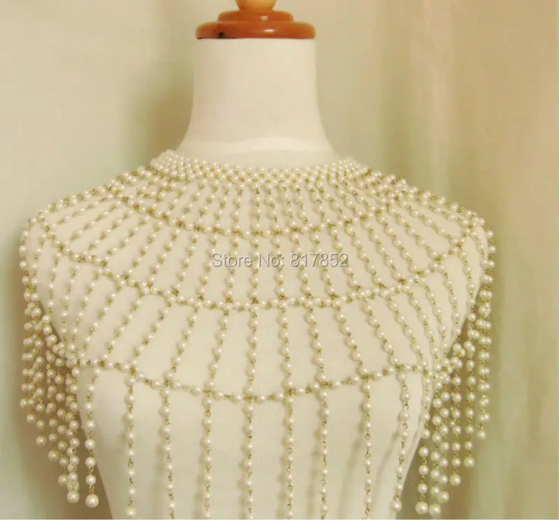 Fashion Style P12 Women Imitation White Pearls Silver Plated Chains Necklace Beads Shoulders Body Jewelry Pearls Jewelry