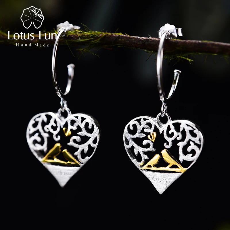 Lotus Fun Real 925 Sterling Silver Handmade Fine Jewelry Romantic Bird in Love Heart Shape Drop Earrings for Women