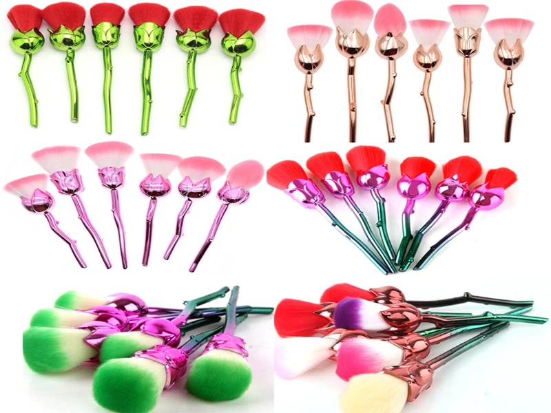 20sets/lot 6pcs Rose Shape Makeup Brushes Gold pink green Foundation Powder Make Up flower Brushes Set Beauty Blush Brush