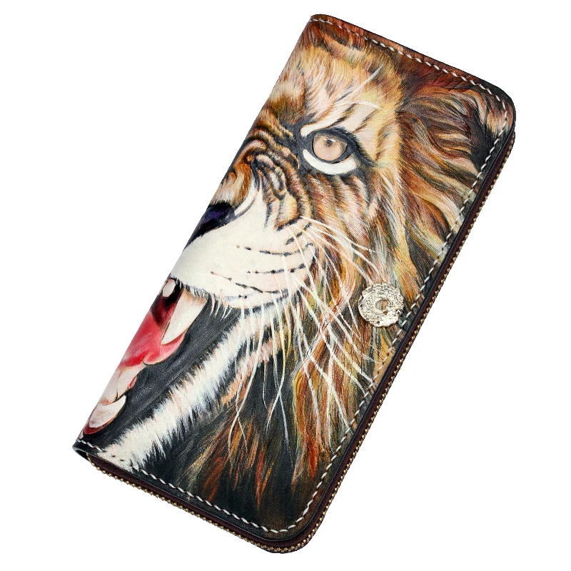 

Handmade Genuine Leather Wallets Carving Lion Bag Purses Women Men Long Clutch Vegetable Tanned Leather Wallet Top Grade Gift