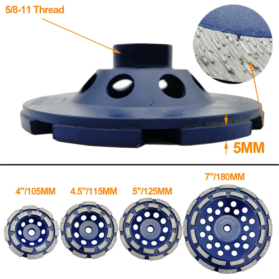 Roda de retificação com duas fileiras de diamante, refletor para mármore, granito e pedra dura, m14 ou 100-11, 2 peças/pk 115/125/180mm