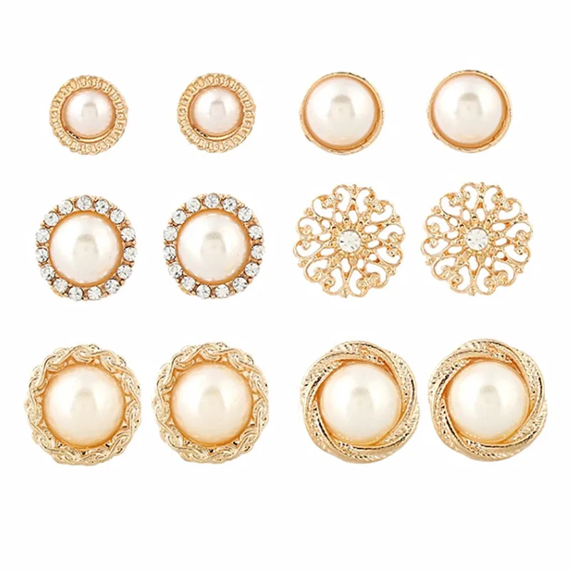 9 pairs/set Stud Earrings Sets For Women Retro Ear Jewelry Simulated Pearls Crystal Hollow Flower Fashion OL Brincos Promotion