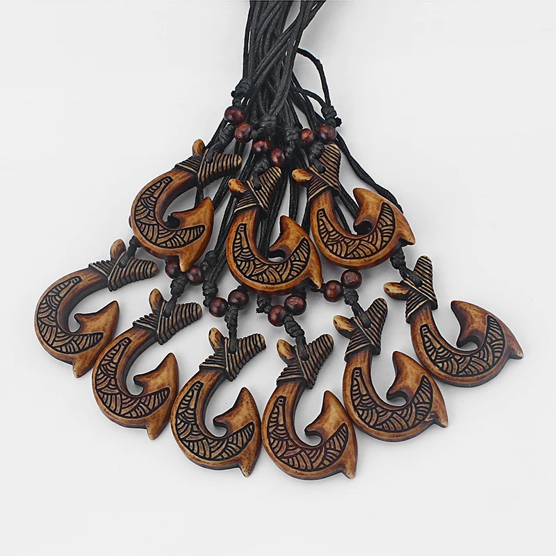 12pcs Brown Tribal Maori Fish-Hook Charms Pendants Black Wax Cord Surfer Necklace Boho Jewelry For Fashion Men Women