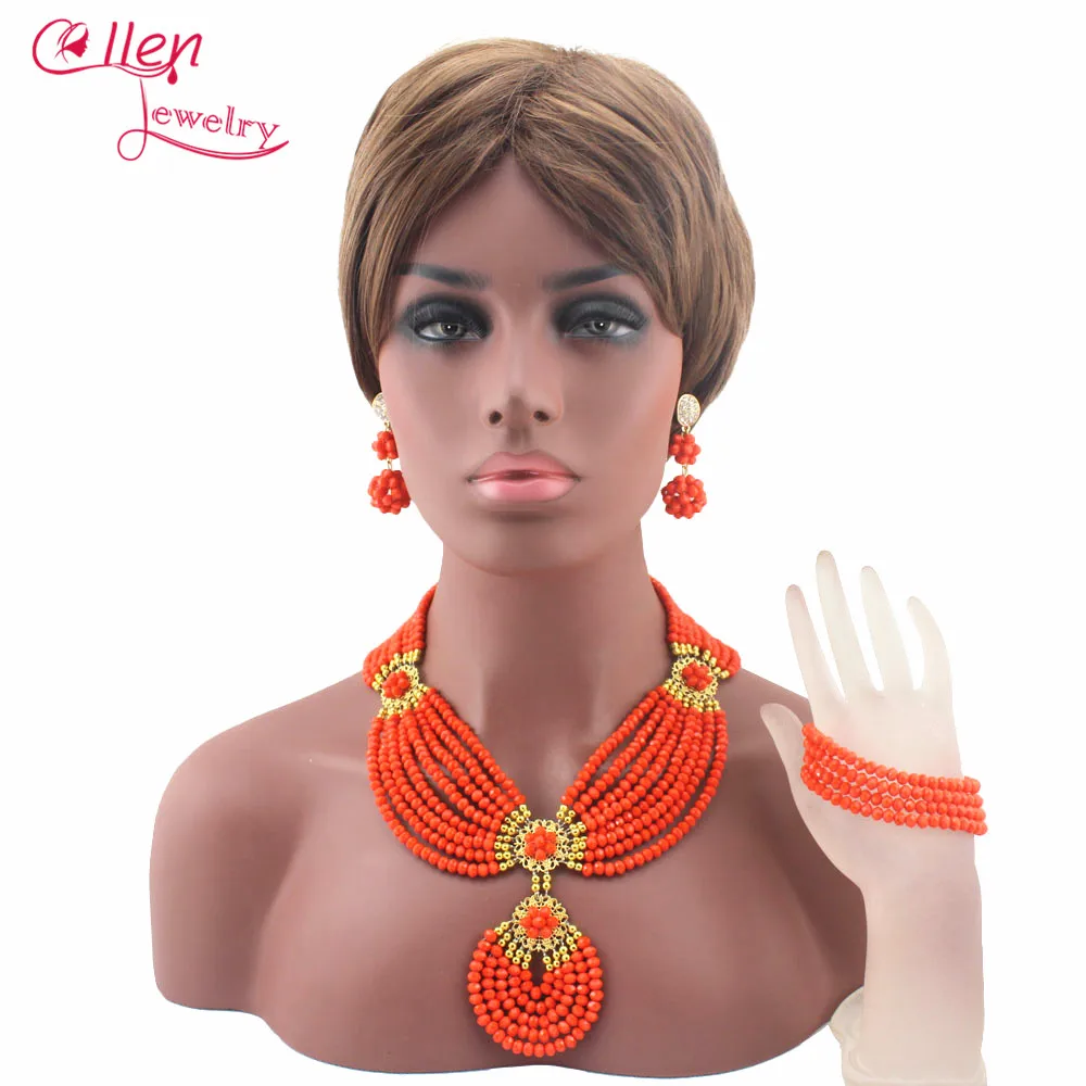 

Orange /Lake Blue African Beads Jewelry Set for Nigerian wedding bridal dubai Crystal Beads women statement Necklace Set W13468