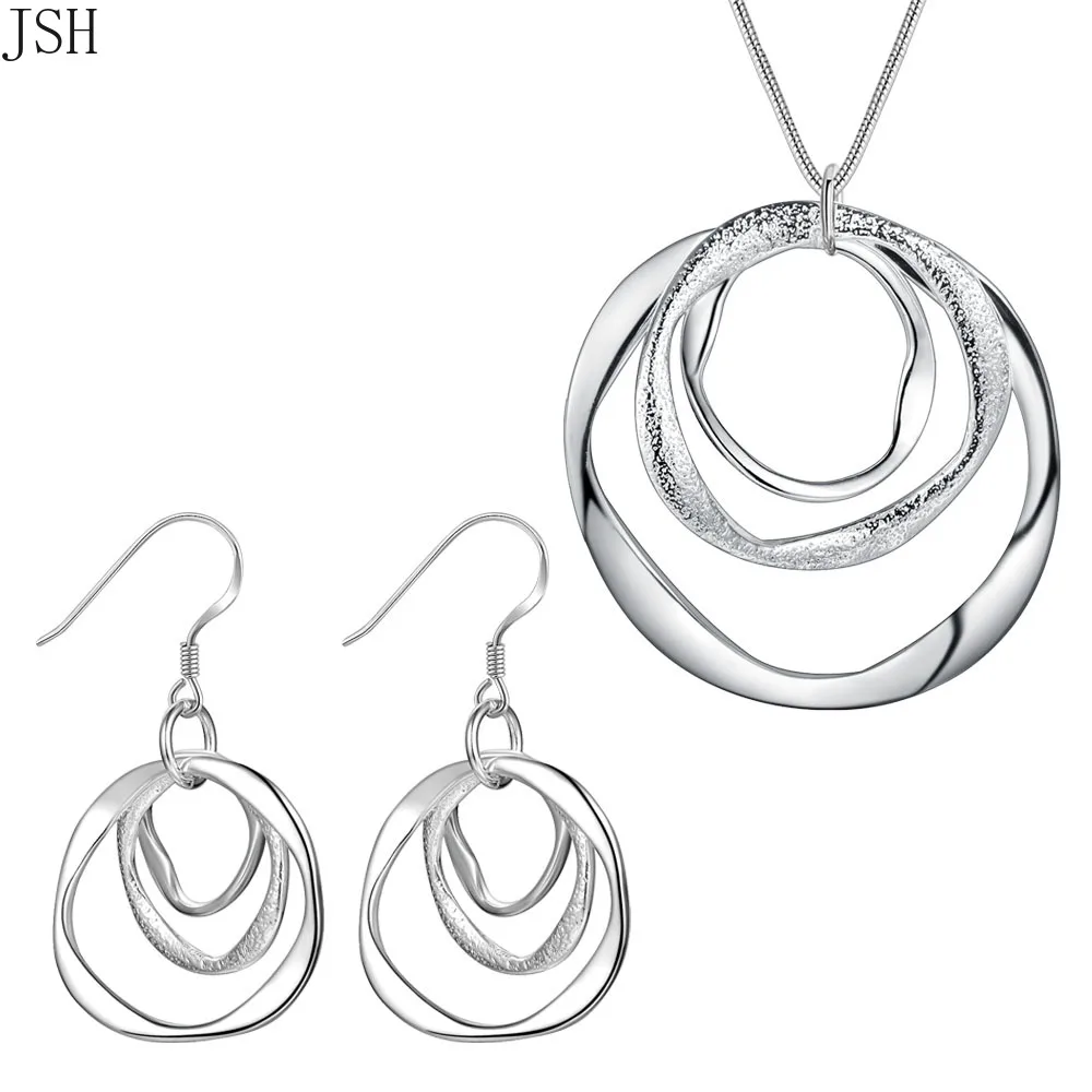 Wholesale silver color jewelry set fashion charm round circel pendant necklace Earring set for women lady wedding party LS009