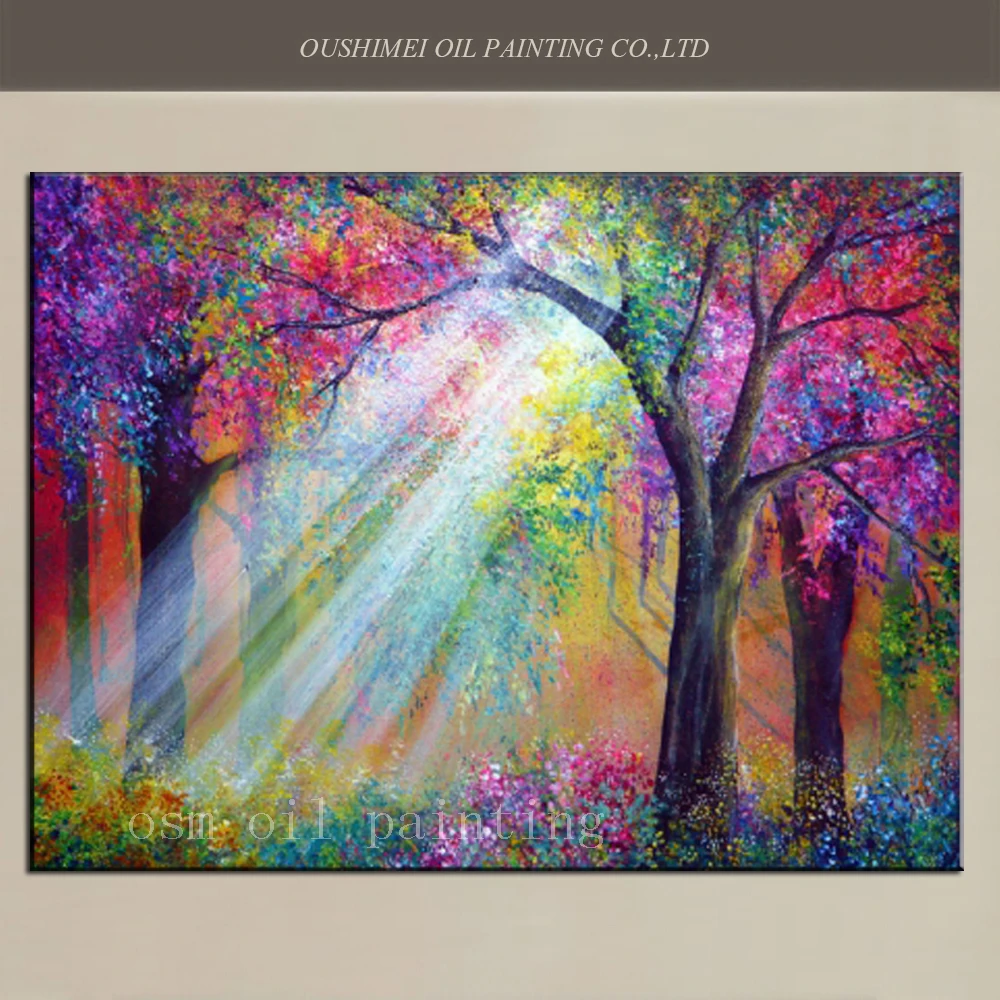 Top Hand Painted Abstract Knife Landscape Oil Painting on Canvas Wall Artwork the Sunshine Through the Tree to Colorful Flowers