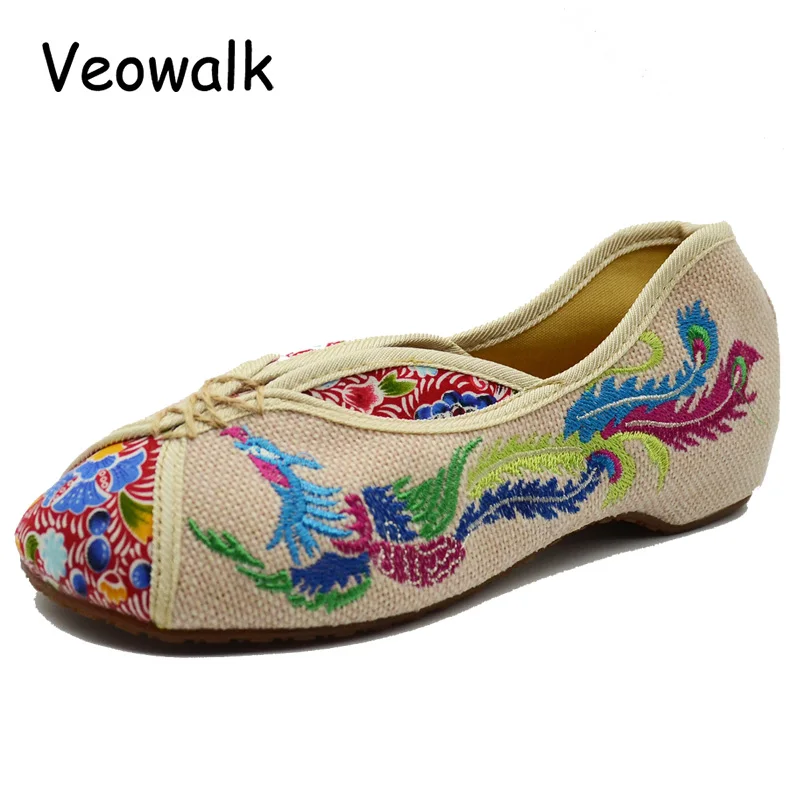 Veowalk Phoenix Embroidered Women Canvas Ballet Flats Patchwork Fabric Ladies Slip-on Breathable Linen Shoes Sapato Feminino