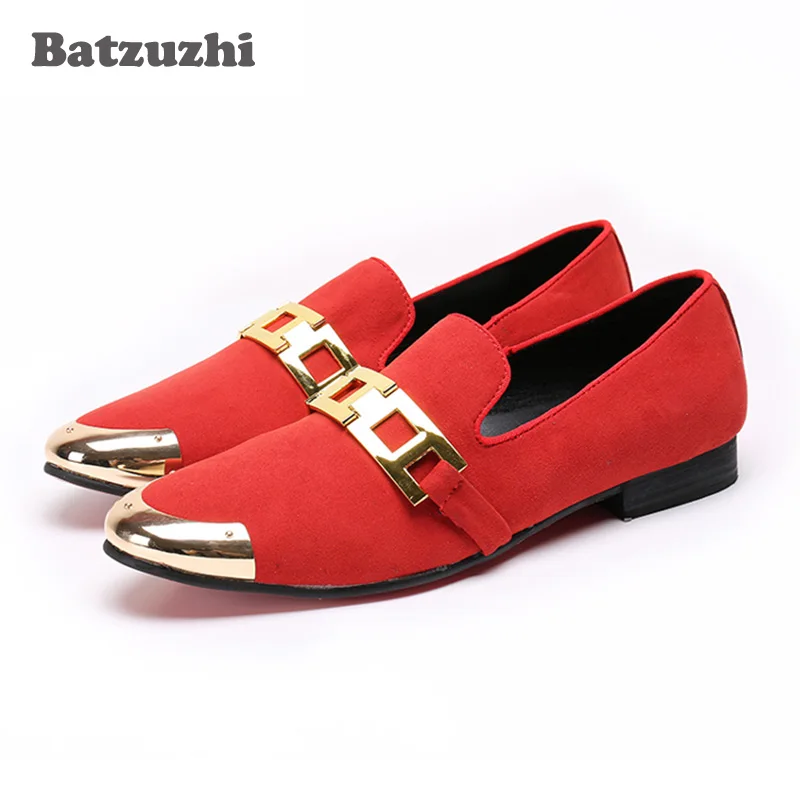 

Batzuzhi Brand 2018 New Men Shoes Handmade Red Suede Leather Shoes Party and Red Wedding Men Dress Shoes Loafers Flats, Big Size