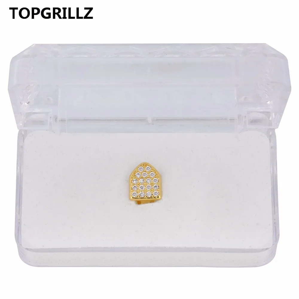 TOPGRILLZ Hip Hop Teeth Grillz Pure Gold Color Plated Single Cap Micro Pave CZ Cubic Zirconia Top Tooh Grills Bling Grill