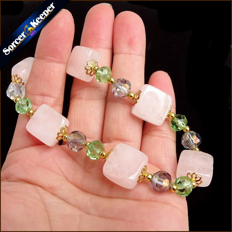 Reiki Natural Pink Quartz Charm SilverColor Bracelets & Bangles for Women With Crystal Beads Stretch Bracelet Femme Jewelry