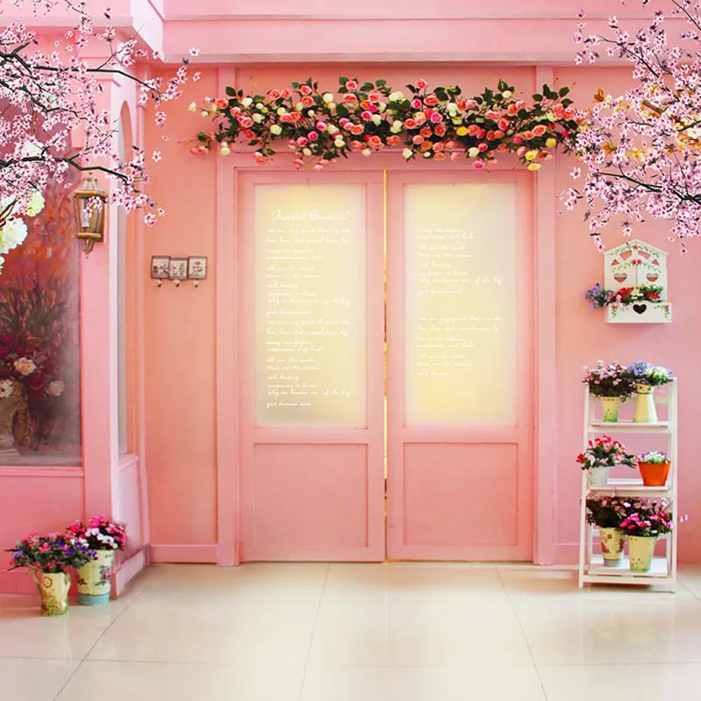 

Sweet Pink Wall and Doors Backdrop for Wedding Photography Printed Roses Peach Blossoms Flowers Vases Princess Photo Backgrounds