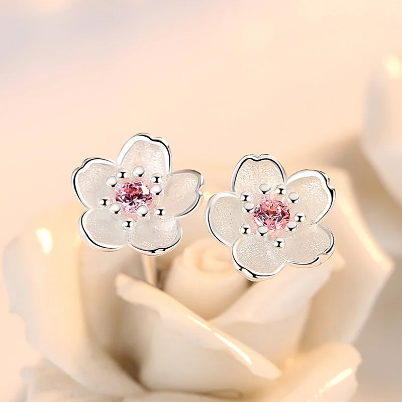 925 Silver Needle Fashion Cherry Blossoms Flower Crystal Ladies Cute Stud Earrings Women Jewelry Birthday Gift Cheap