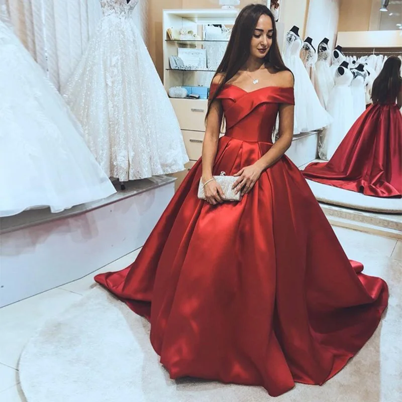 

Gorgeous Off The Shoulder Prom Dresses Burgundy Satin Puffy Ball Gown Evening Party Dresses Sweep Train Formal Prom Gowns