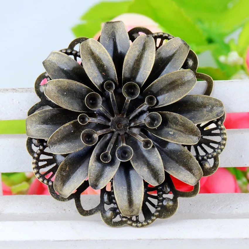 Free shipping Retail 2Pcs Antique Bronze Filigree Flower Embellishment Metal Crafts Gift Decoration DIY Findings 4.8cm