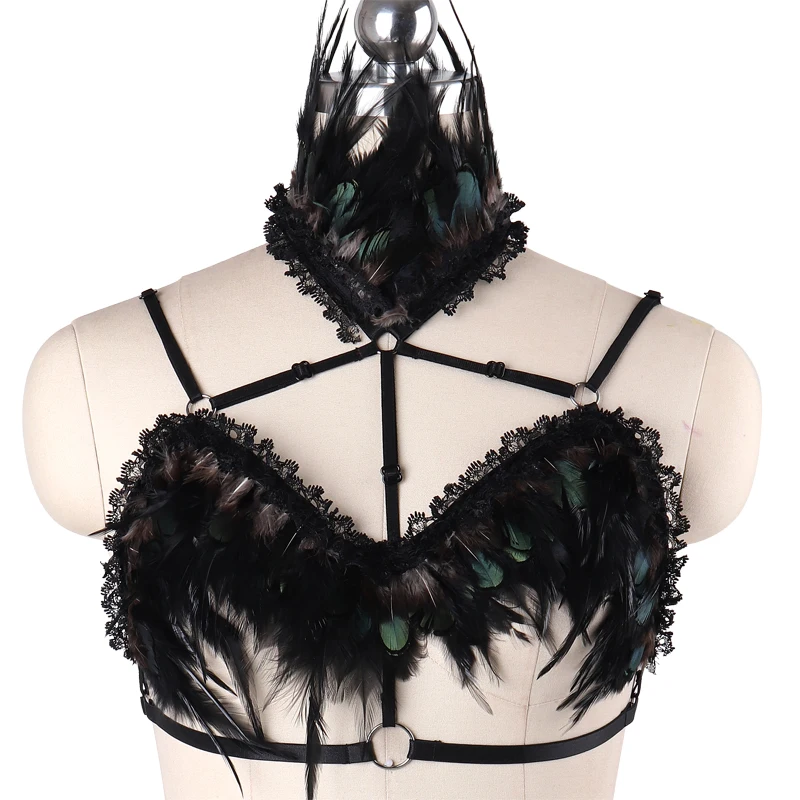 

Rave Body Harness Collar Feathers Bra Harness Black Cage Bondage Harness Punk Lingerie Harajuku Goth Wear Cage Bra