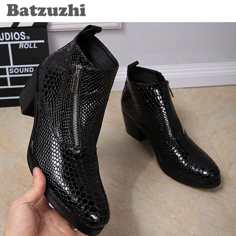 2025 6.8CM Heels Black Men Boots Genuine Leather Fashion British Style Men's Boots Round Toe Square High Heels Men Black, 46