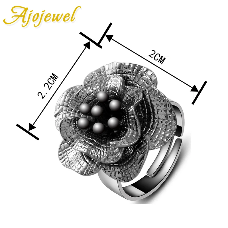 Ajojewel Gun Black Large Flower Women Ring Adjustable Finger Jewelry Wholesale Vintage Ladies Rings Retro Gift