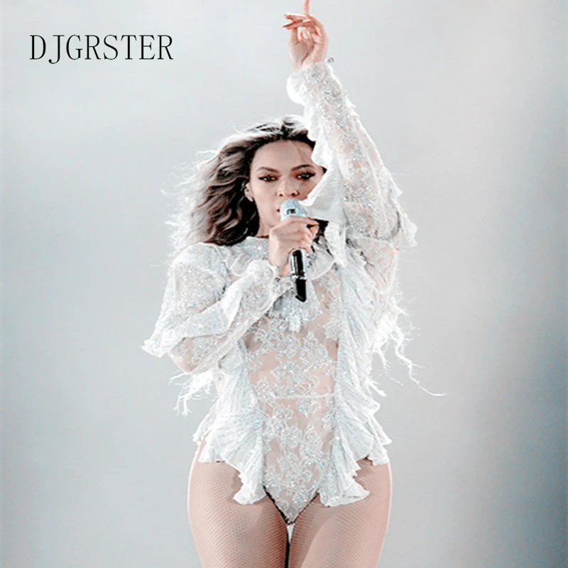 DJGRSTER Hot sell lace perspective Dance Costume Lady Women Sexy Nightclub Singer Jazz Hip Hop Dance Costumes Beyonce Bodysuit