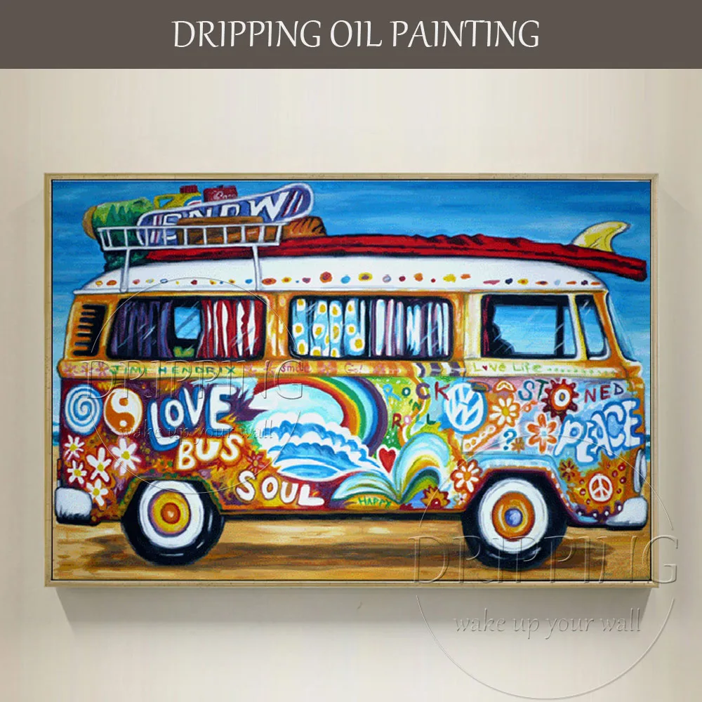 Painter Handmade High Quality Modern Wall Art Colorful Bus Oil Painting on Canvas Big Car Caravan Oil Painting for Living Room