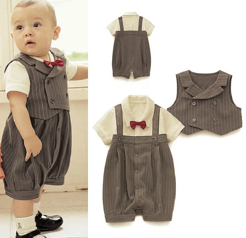 

2024 Summer Baby Rompers Tuxedo Shortall jumpsuit Bebe Clothing Two-piece Set Vest Bowtie Baby Braces rompers Kid Clothes