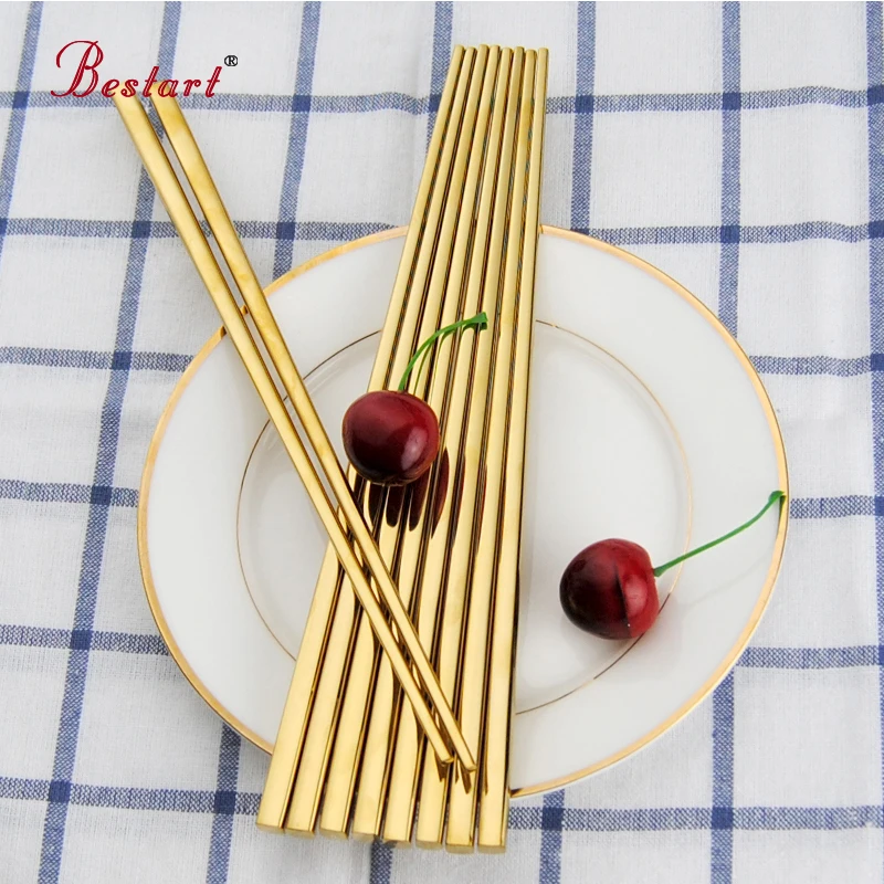 Hot Chinese Chopsticks Metal Gold Stainless Steel Square Stick Sushi Chinese Noodle Chop Sticks Long Baguette Cool Eating Tool