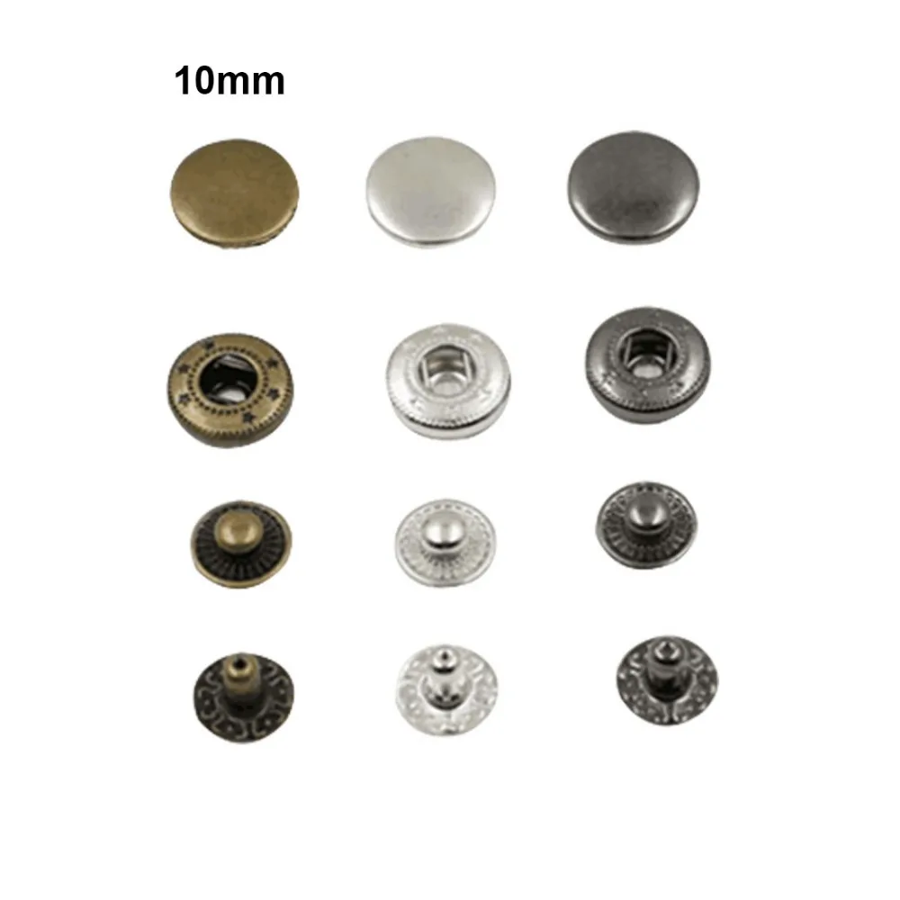 Commercio all\'ingrosso 100 set/lotto 10mm piccolo quattro parti ottone metallo pulsante a molla bottone a pressione bottoni automatici argento,