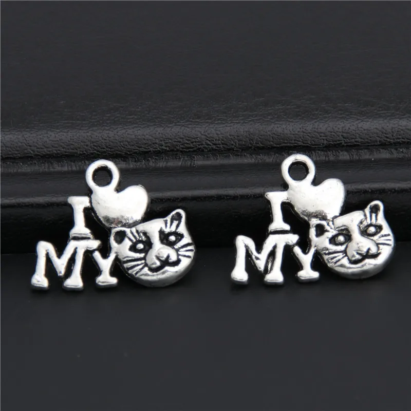 40pcs  Silver Color I Love Cat Charms Pendant For Jewelry Making Bracelet Accessories DIY Handmade A2955