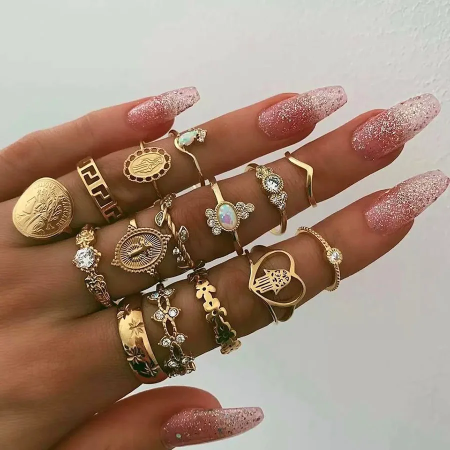 Vintage Crystal Opal Knuckle Ring Set Bohemian Geometric Snake Mary Cross Finger Glamour Female Knuckle Midi Ring Jewelry