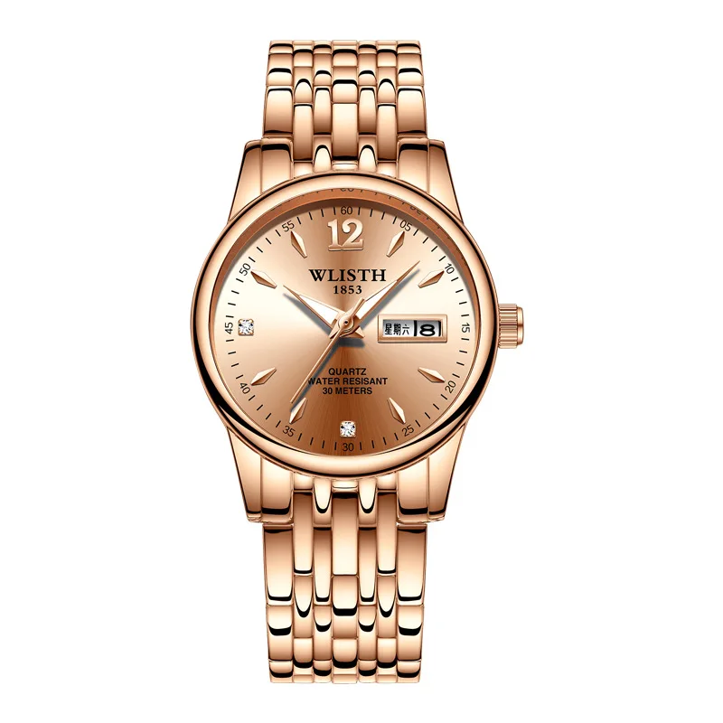 Frauen Mann Liebhaber Kleid Roségold Edelstahl Wlisth Marke Mode Armbanduhr Woche Datum Quarzuhr weibliche Luxus uhren