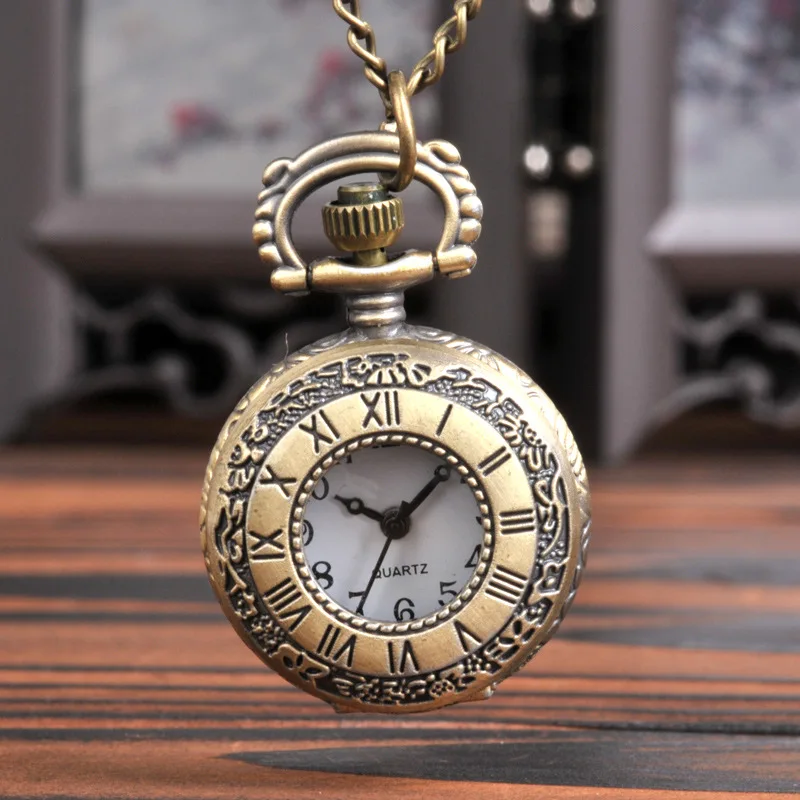 6075  Fashion retro double-sided pocket watch bronze Roman numerals quartz watch with black pocket watch necklace