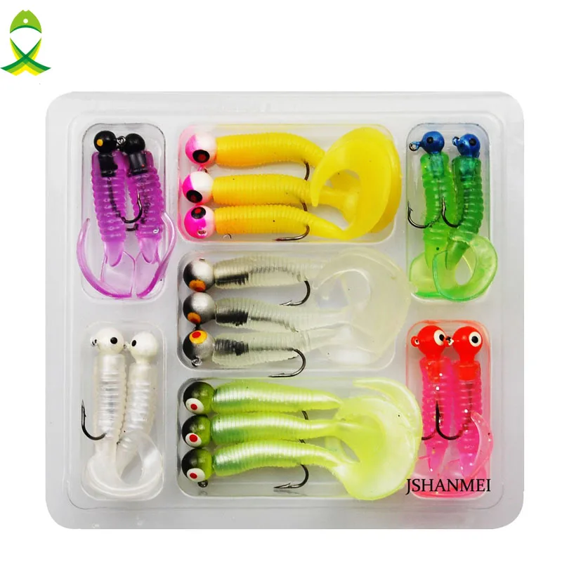 JSM 17pcs/lot Worm Soft Lure fishing Baits Lead Head Jigging Hooks with lures