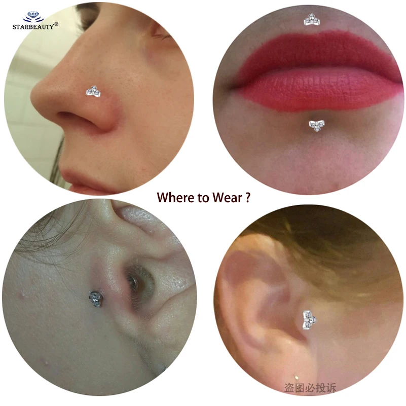 2Pcs 1.2x6/8mm Three-Gem Nose Stud Ear Piercing Labret Stud Flat Back Stainless Steel Conch Helix Piercing Cartilage Earring 16G