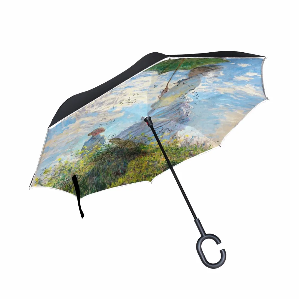 Claude Monet Famous Oil Painting Double Layer Reverse Umbrella C-Shaped Free Hand Graphic Windproof Long Car Umbrella