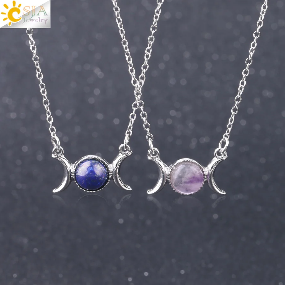 CSJA Vintage Crescent Clavicle Necklace Moon Sun Pendants Silver Color Choker Natural Stone Short Necklaces for Women Girls F707