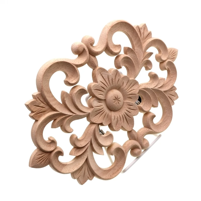 RUNBAZEF Woodcarving Furniture Decoration Style SolidWood Round Applique Door Heart Decorative Flower Funko Pop Artesanato Craft
