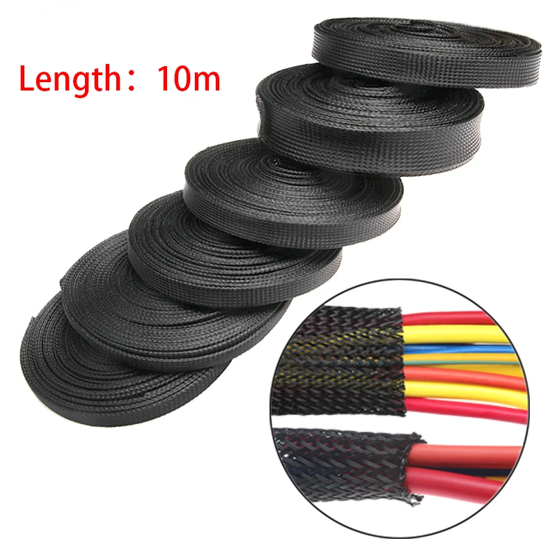 10M 8m/10mm/12mm/15mm/25mm/30mm Black Insulation Braided Sleeving Tight PET Expandable High Density Sheathing Wire Protection