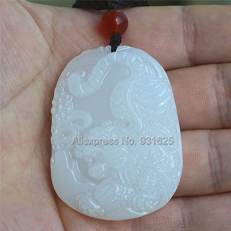 

6pcs Natural White Afghan YU Carved Handmade Chinese Zodiac Tiger Lucky Pendants + Rope Necklace Fashion Jewelry