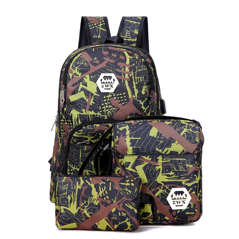 Mochila de camuflaje para hombre, morral escolar de nailon de alta calidad, ideal para ir de viaje, con USB, 3 unids/set