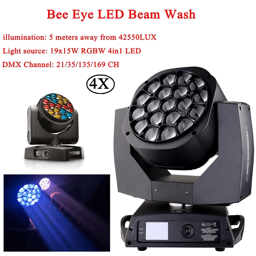 4Pcs/Lot LED Bee Eye 19X15W RGBW 4IN1 Moving Head Lighting Ultimate Rotate Stage Beam Wash Effect Stage DJ Disco Euiqpment Lamp