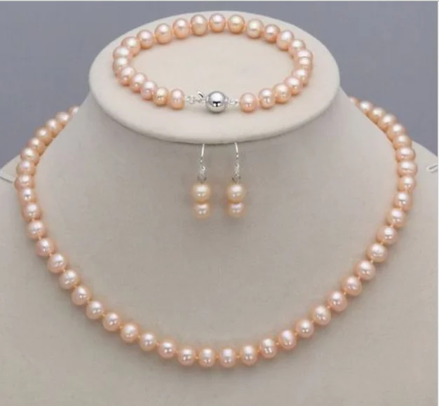 Women Jewelry Set 8-9mm Pink real pearl Choker necklace bracelet dangle earring highlight Natural Freshwater pearl