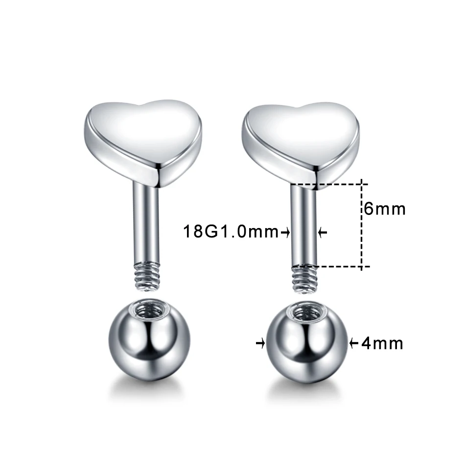 1Pair Steel Simple Heart Ear Piercing Stud Earrings Tragus Piercing Orelha Cartilagem Ear Bone Helix Piercings Body Jewelry 18G