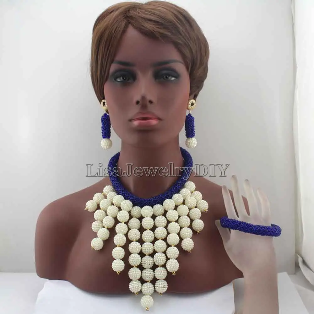 

Handmade Fashion Women Jewelry Set Wedding Party White Ball Beads Jewelry Sets Nigerian Royal Blue Crystal Jewelry Sets HD7969