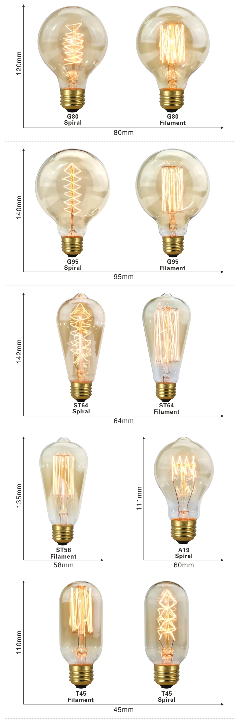 Edison Glühbirne E27 220V 40W ST64 A19 G80 G95 T10 T45 T185 Retro Filament Glühlampulle Birne Vintage Edison Lampen – Detail 3
