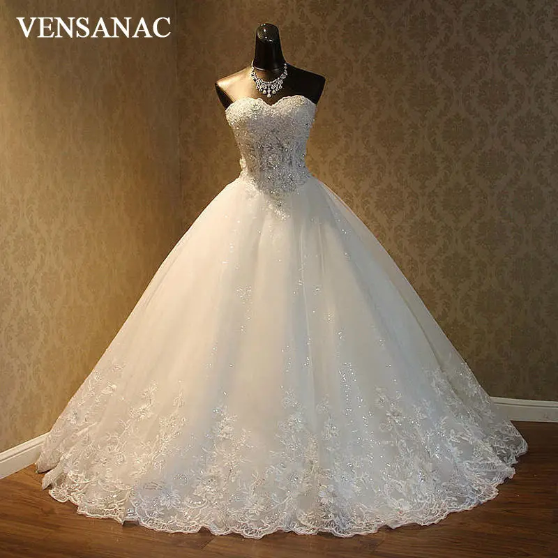 

VENSANAC Luxury Crystal Strapless Ball Gown Wedding Dresses Lace Appliques Satin Bridal Gowns