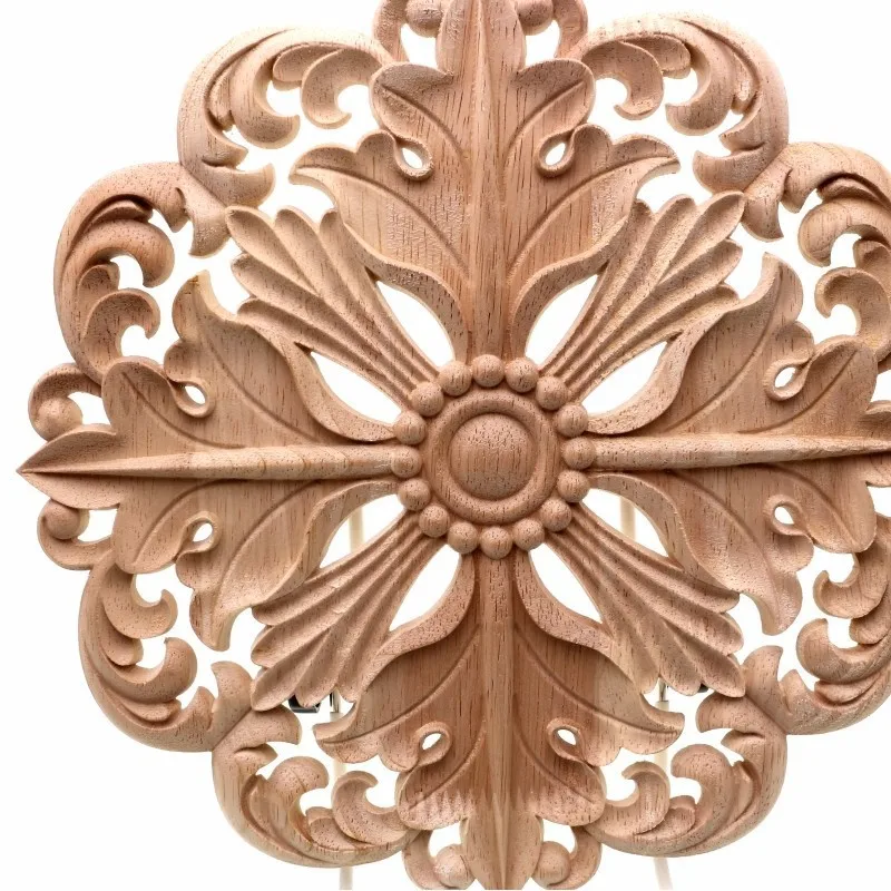 RUNBAZEF Woodcarving Furniture Decoration European Style Solid Wood Round Applique Heart Decorative Flower Figurines Miniatures