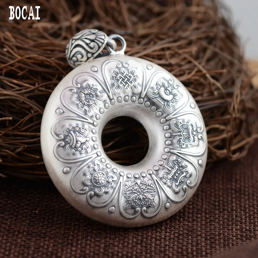 

Real S990 solid sterling silver auspicious eight treasure pendant female models heart antique style Buddhism Thai silver pe